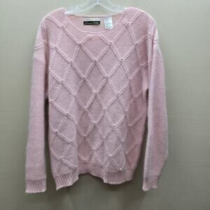 VTG Dana Scott Lambswool & Rabbit Hair Faux Pearl Sweater Light Pink SZ Medium